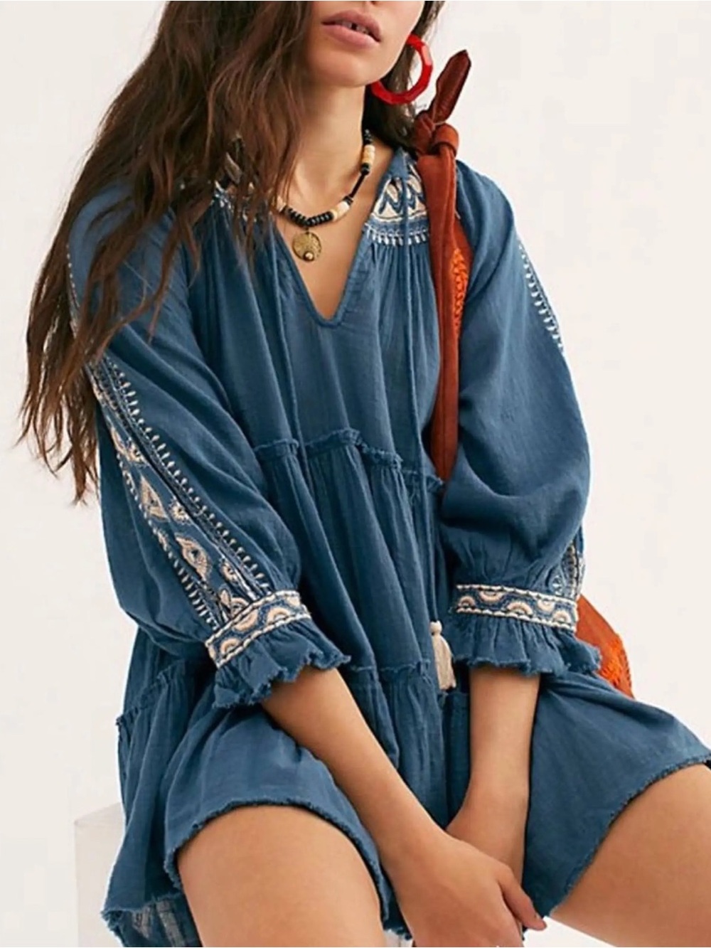 FP Cotton Boho Embroidered V-Neck Tunic Dress - Blue